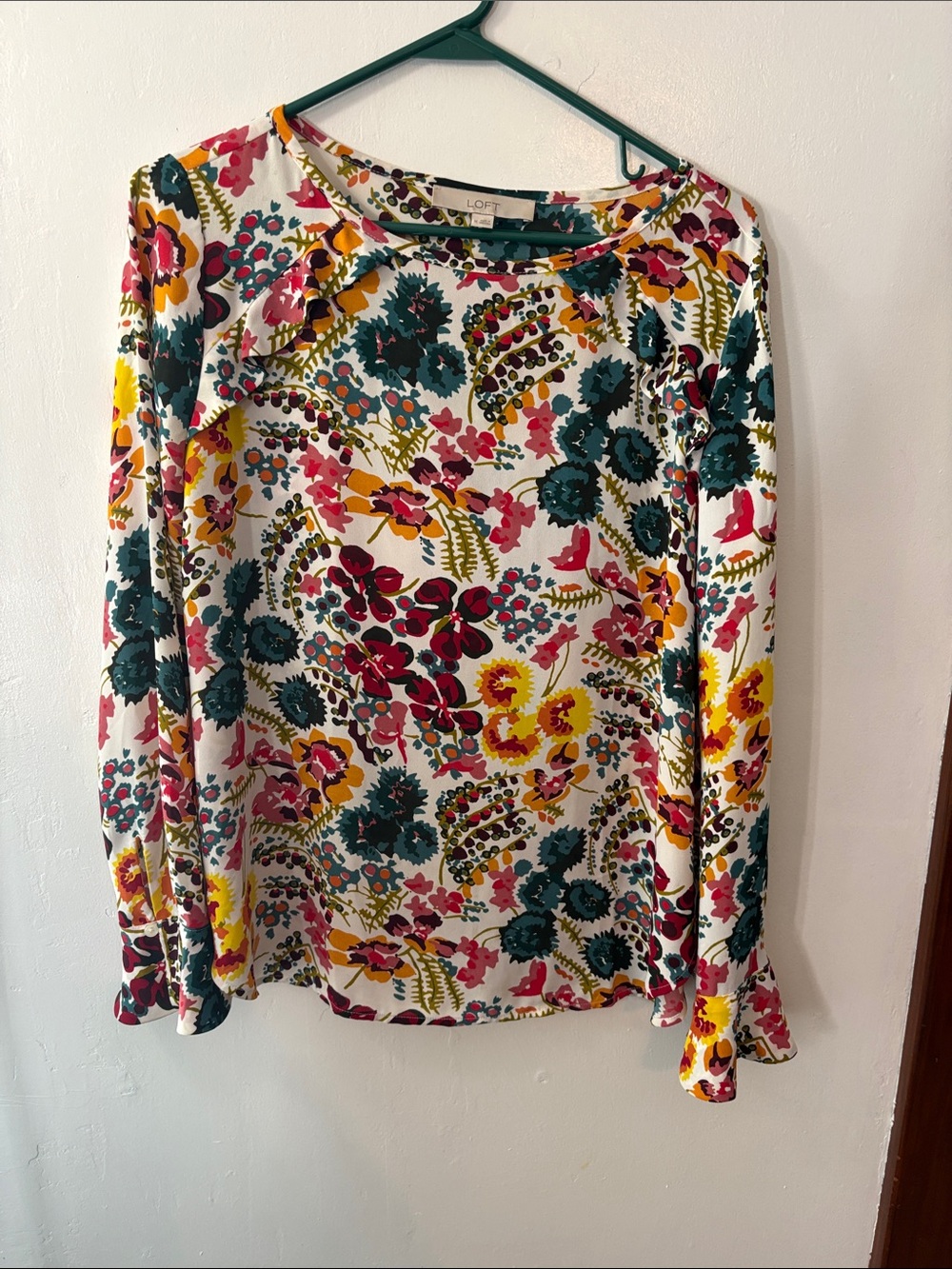 LOFT Floral Long-Sleeve Tee — Teal, Magenta & Yellow on White Size Medium